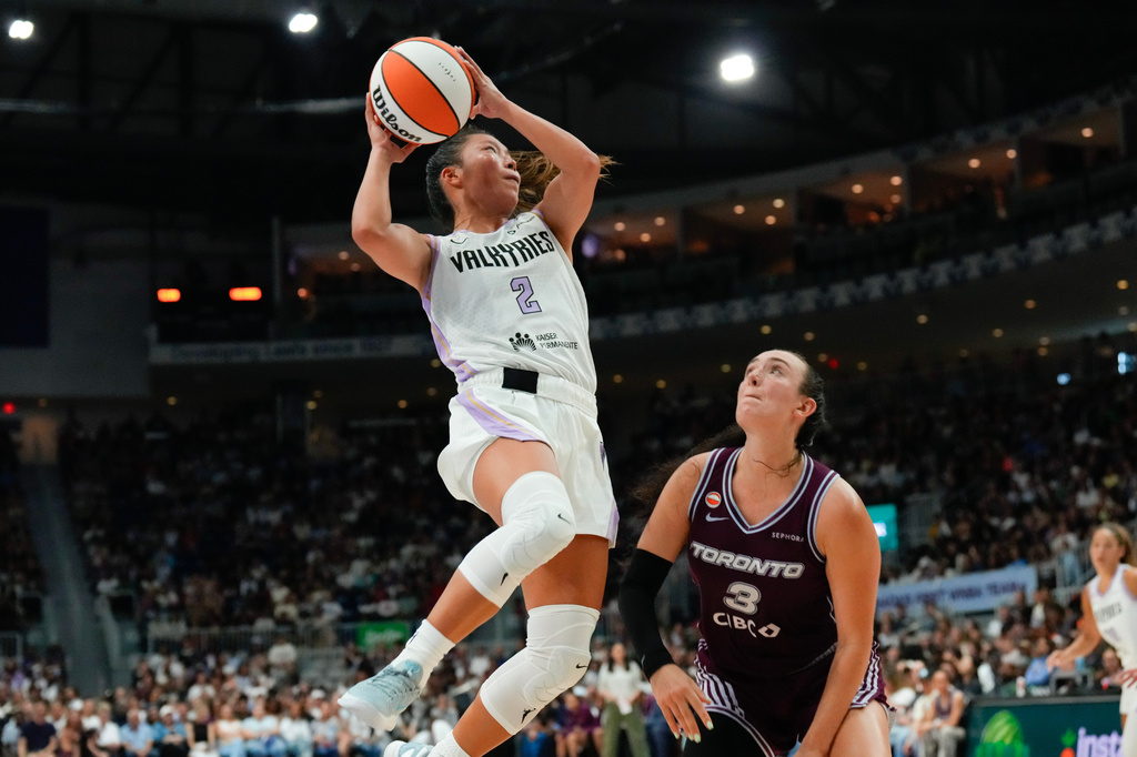 Golden State Valkyries guard Kaitlyn Chen (2) shoots against Toronto Tempo guard Marina Mabrey (3) during the second half of a WNBA basketball game in Toronto on Wednesday, July 8, 2026. (Chris Young/The Canadian Press via AP)