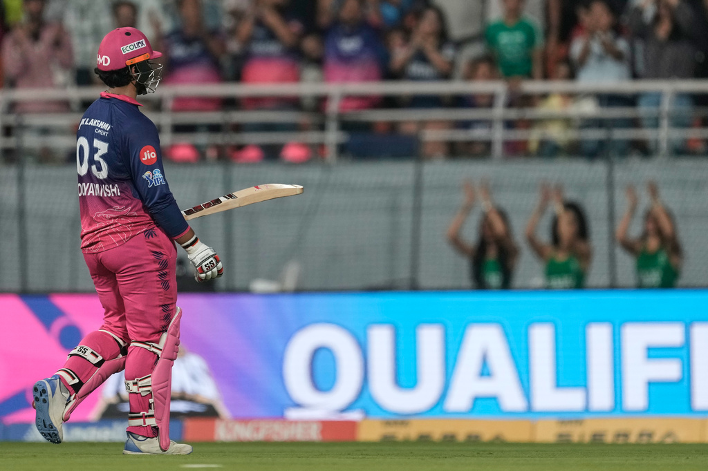 Rajasthan Royals' Vaibhav Sooryavanshi leaves the ground after losing his wicket during the Indian Premier League cricket match between Gujarat Titans and Rajasthan Royals in New Chandigarh, India, Friday, May 29, 2026. (AP Photo/Ashwini Bhatia)