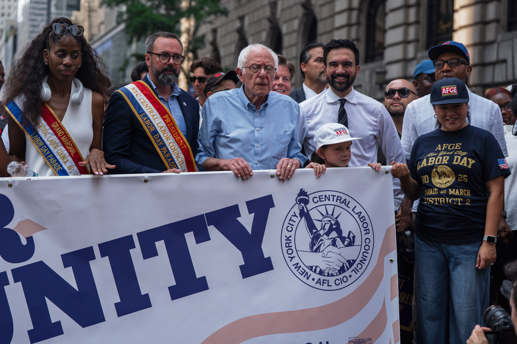 Sen. Bernie Sanders, I-Vt., and New York City mayoral candidate Zohran Mamdani march in the annual Labor Day Parade on Saturday, Sept. 6, 2025, in New York. (AP Photo/Olga Fedorova)