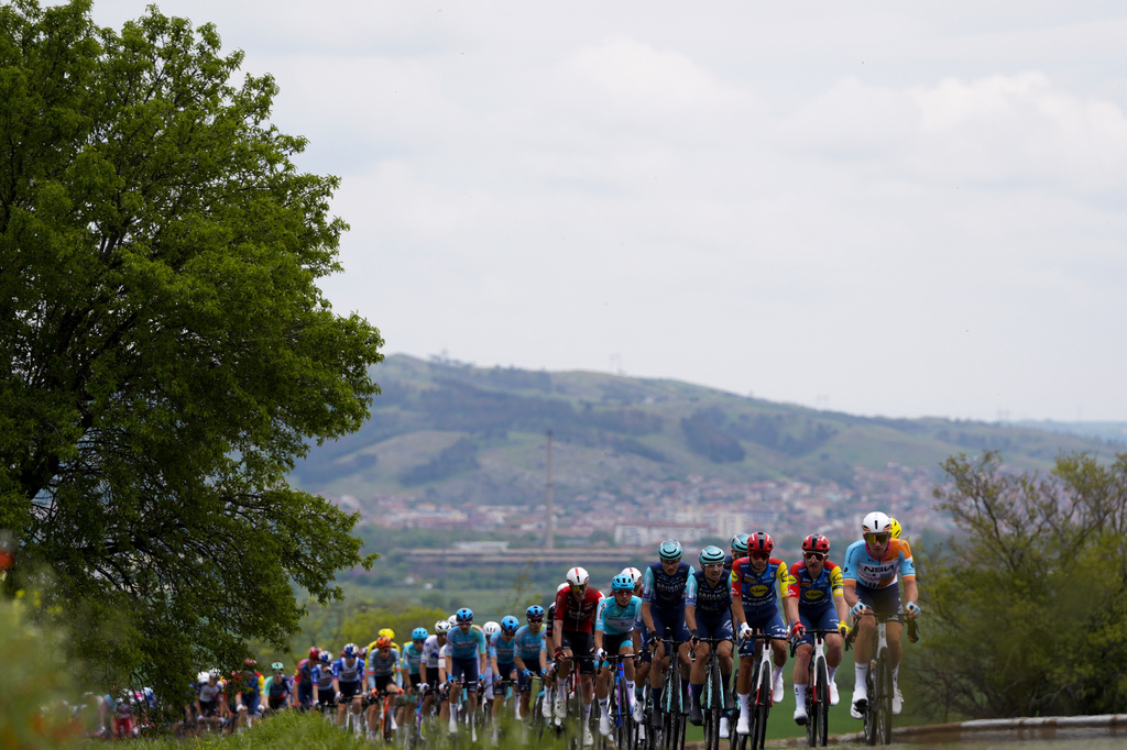 The pack rides during the second stage of the Giro d'Italia cycling race, from Burgas to Veliko Tarnovo, Bulgaria, Saturday, May 9, 2026. (Fabio Ferrari/LaPresse via AP)