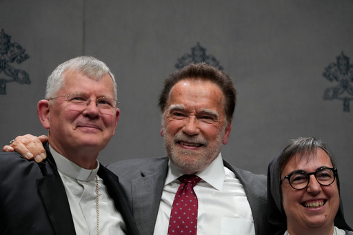 From left, Cardinal Jaime Spengler, former California Gov. Arnold Schwarzenegger, and sister Alessandra Smerilli pose for photographers at the end of a press conference at the Vatican, Tuesday, Sept. 30, 2025, to present the "Raising Hope for Climate Justice Conference," promoted by the Laudato Si' (Praise Be to You) Movement, which was inspired by the late Pope Francis' encyclical letter of the same name. (AP Photo/Gregorio Borgia) From left, Cardinal Jaime Spengler, former California Gov. Arnold Schwarzenegger, and sister Alessandra Smerilli pose for photographers at the end of a press conference at the Vatican, Tuesday, Sept. 30, 2025, to present the "Raising Hope for Climate Justice Conference," promoted by the Laudato Si' (Praise Be to You) Movement, which was inspired by the late Pope Francis' encyclical letter of the same name. (AP Photo/Gregorio Borgia)
