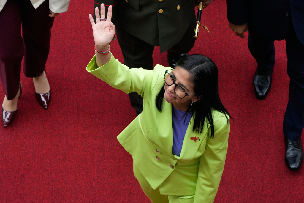 Venezuela's acting President Delcy Rodriguez arrives at the National Assembly in Caracas, Venezuela, Thursday, Jan. 15, 2026. (AP Photo/Ariana Cubillos)