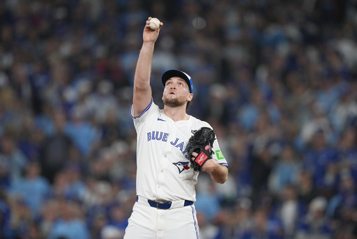 Toronto Blue Jays pitcher Trey Yesavage (39) looks on after giving up a run against the Los Angeles Dodgers during third inning Game 1 World Series playoff MLB baseball action in Toronto on Friday, Oct. 24, 2025. (Nathan Denette/The Canadian Press via AP) Toronto Blue Jays pitcher Trey Yesavage (39) looks on after giving up a run against the Los Angeles Dodgers during third inning Game 1 World Series playoff MLB baseball action in Toronto on Friday, Oct. 24, 2025. (Nathan Denette/The Canadian Press via AP)