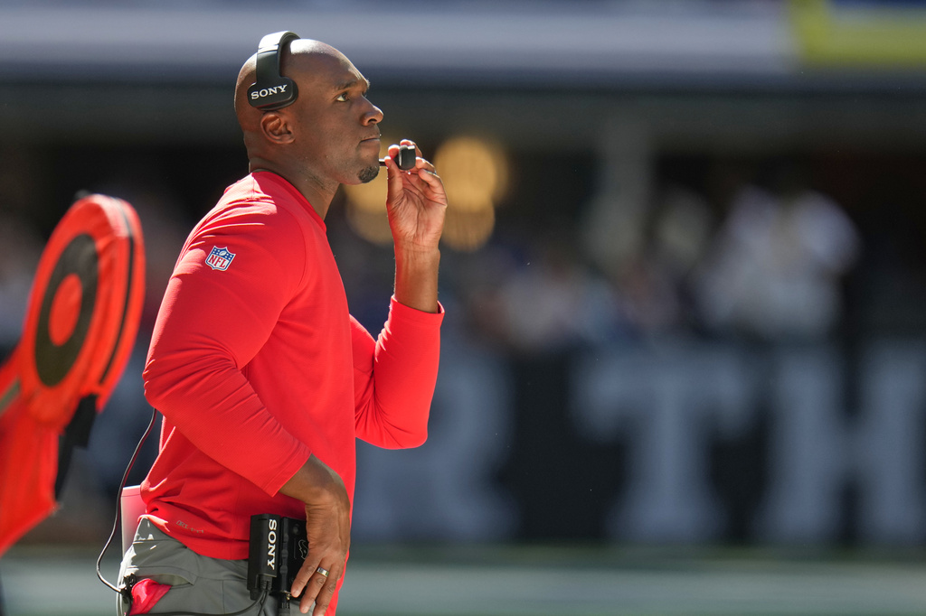 Houston Texans head coach DeMeco Ryans watches from the sideline during the second half of an NFL football game against the Indianapolis Colts, Sunday, Sept. 27, 2026, in Indianapolis. (AP Photo/Jeff Roberson)