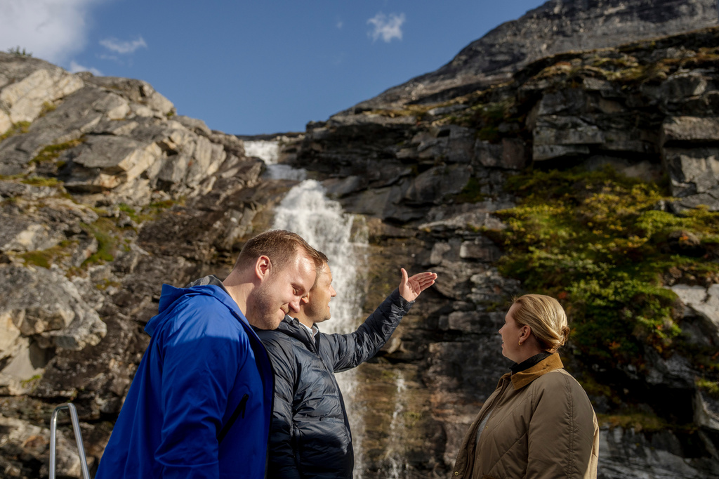 From right, Danish Prime Minister Mette Frederiksen, Greenland's Prime Minister Jens-Frederik Nielsen and the Faroe Islands' Prime Minister Beinir Johannesen visit Qooqqut, Greenland Monday, Sept. 7, 2026. (Mads Claus Rasmussen/Ritzau Scanpix via AP)