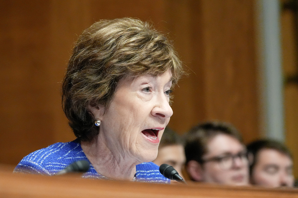 Sen. Susan Collins, R-Maine, asks a question during a Senate Health Education Labor and Pension committee confirmation hearing for Keith Sonderling to be the Labor Secretary, on Capitol Hill, Thursday, July 16, 2026, in Washington. (AP Photo/Mariam Zuhaib)