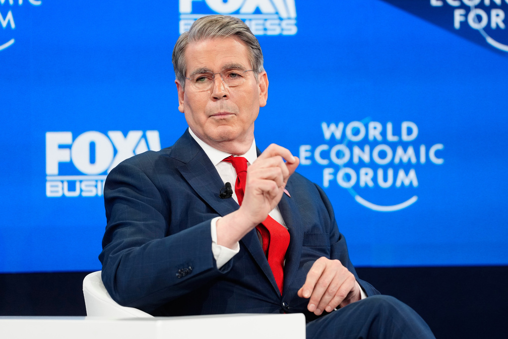 Scott Bessent, US Secretary of the Treasury speaks during the Annual Meeting of the World Economic Forum in Davos, Switzerland, Tuesday, Jan. 20, 2026. (AP Photo/Markus Schreiber)