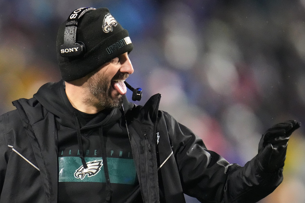 Philadelphia Eagles head coach Nick Sirianni reacts after the Eagles blocked an extra point attempt during the second half of an NFL football game against the Buffalo Bills, Sunday, Dec. 28, 2025, in Buffalo, N.Y. (AP Photo/Gene J. Puskar)