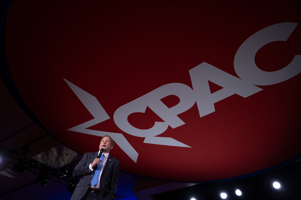 Texas Attorney General Ken Paxton speaks at the Ronald Reagan dinner during the Conservative Political Action Conference (CPAC) in Dallas, Friday, March 27, 2026. (AP Photo/Gabriela Passos)