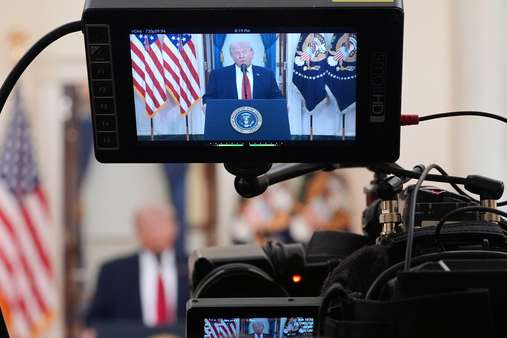 President Donald Trump speaks about the Iran war from the Cross Hall of the White House on Wednesday, April 1, 2026, in Washington. (AP Photo/Alex Brandon, Pool)