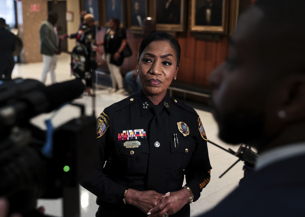 Police Chief Cerelyn "C.J." Davis speaks to a reporter about the deployment of the National Guard to the city following a news conference Friday, Sept. 12, 2025, in Memphis, Tenn. (Patrick Lantrip/Daily Memphian via AP)