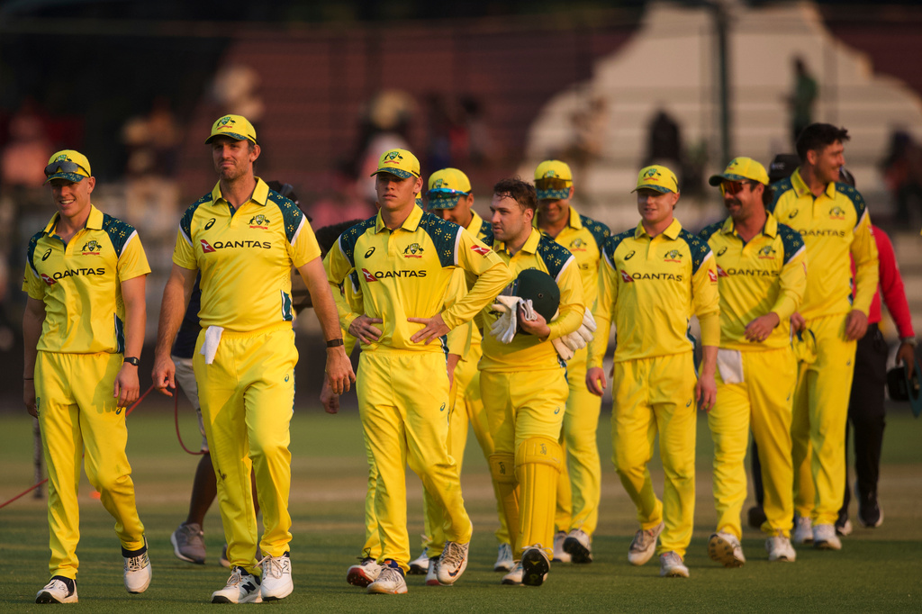 Australia's player celebrate following the second one day international cricket match between Zimbabwe and Australia in Harare, Zimbabwe, Friday, Sept.18, 2026. (AP Photo/Wonder Mashura)