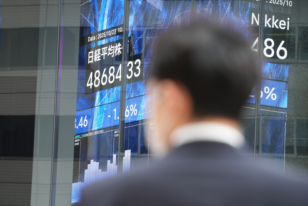 A person stands in front of an electronic stock board showing Japan's Nikkei index at a securities firm Thursday, Oct. 23, 2025, in Tokyo. (AP Photo/Eugene Hoshiko)
