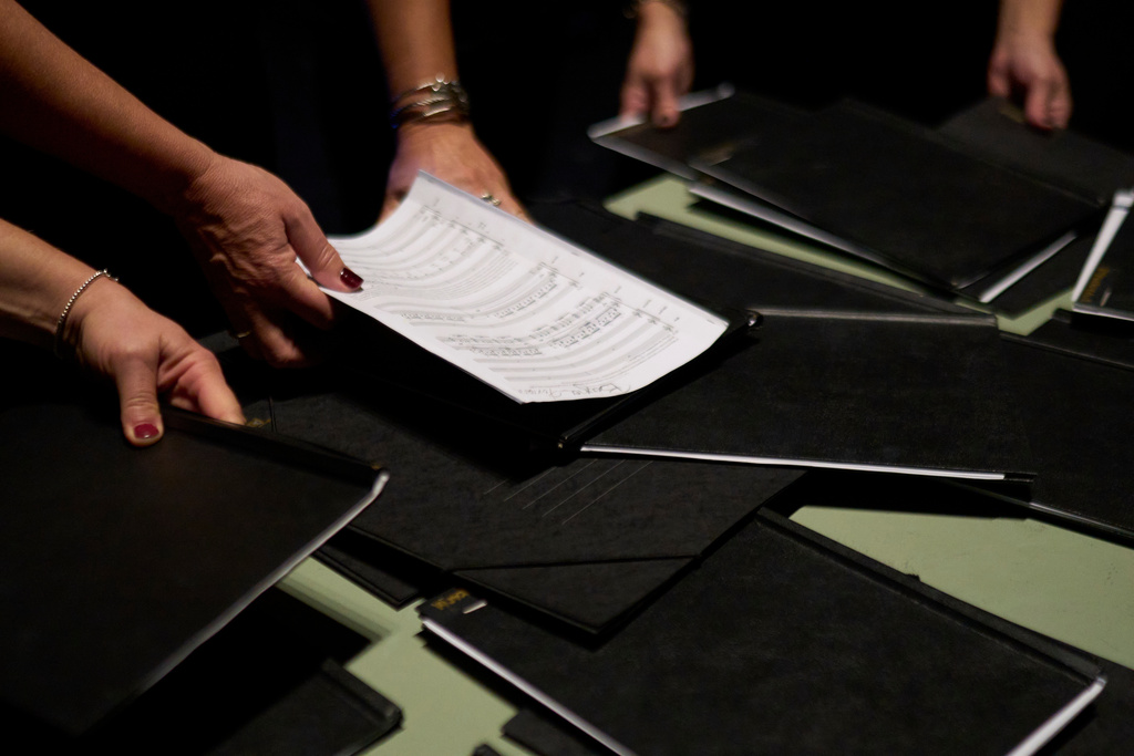 Soloists place music sheets at a table during the International Opera Awards, held at the Greek National Opera, in Athens, Thursday, Nov. 13, 2025. (AP Photo/Petros Giannakouris)