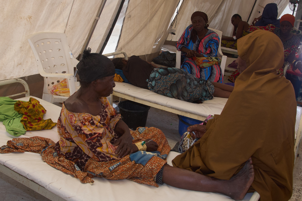 Patients suffering from cholera receive treatment at a MSF treatment centre, in Maiduguri, Nigeria, Monday, June 8, 2026. (AP Photo/Jude Mike)