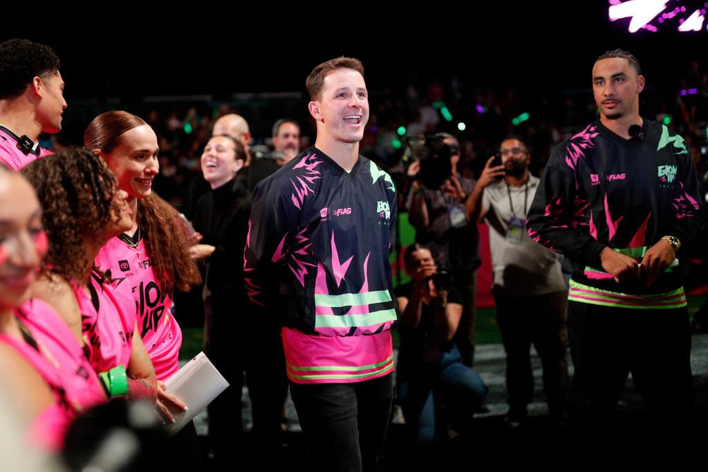 Team Pink's guest coach Brock Purdy from San Francisco 49ers attends the Toyota Glow-Up Classic flag football game in San Francisco on Wednesday, Feb. 4, 2026. (Santiago Mejia/San Francisco Chronicle via AP)