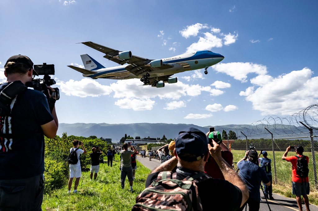 Air Force One carrying President Donald Trump landing at Geneva Airport ahead of the G7 summit, in Geneva, Switzerland, Monday, June 15, 2026. (Jean-Christophe Bott, Pool Photo via AP)