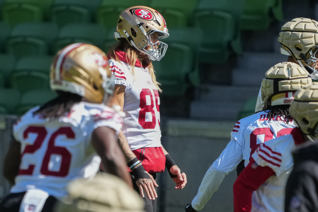 San Francisco 49ers tight end George Kittle works out during practice Monday, Sept. 7, 2026, in Melbourne, Australia, in preparation for an NFL football game against the Los Angeles, Rams. (AP Photo/Asanka Brendon Ratnayake)