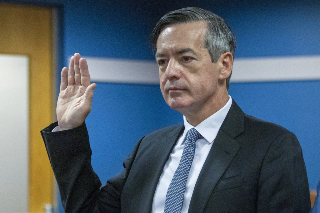 FILE - Lawyer Kenneth Chesebro is sworn in during a plea deal hearing, Oct. 20, 2023, at the Fulton County Courthouse in Atlanta. (Alyssa Pointer/Pool Photo via AP, File)