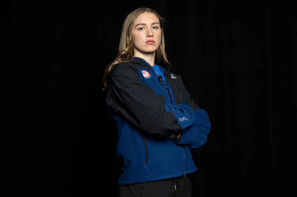 FILE - Olympic-hopeful U.S. hockey player Caroline Harvey poses for a photo at Team USA Media Summit, Oct. 28, 2025, in New York. (AP Photo/Yuki Iwamura, File)