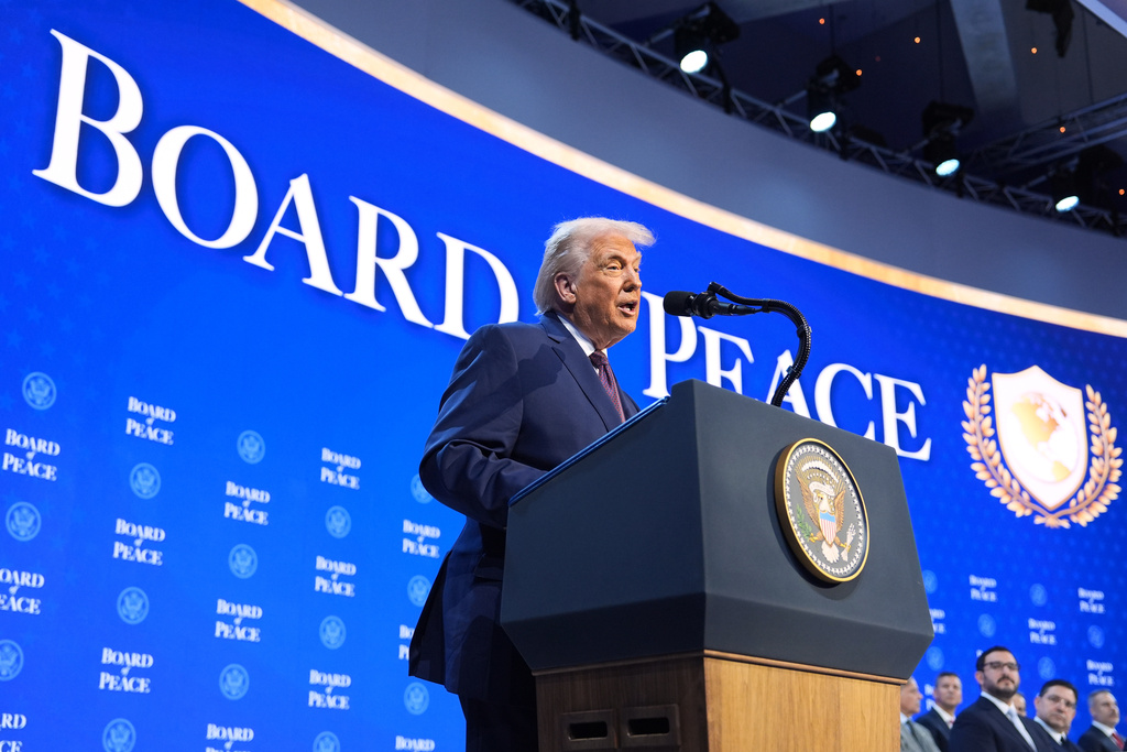 President Donald Trump speaks during a Board of Peace charter announcement during the Annual Meeting of the World Economic Forum in Davos, Switzerland, Thursday, Jan. 22, 2026. (AP Photo/Evan Vucci)