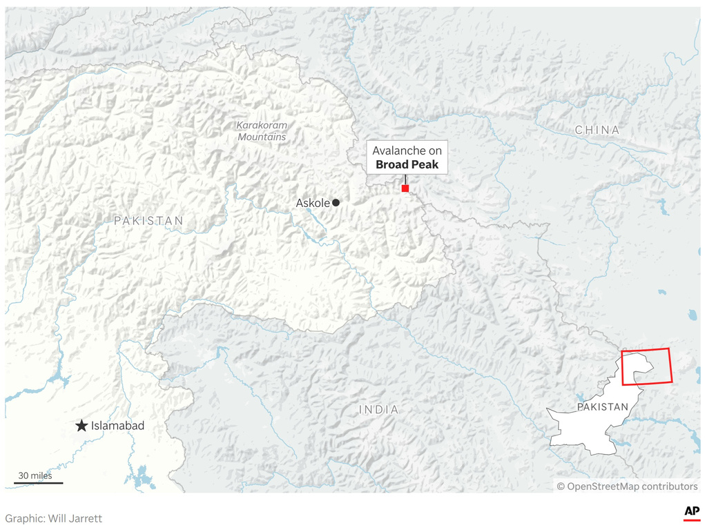A map showing the location of Broad Peak, where mountaineers died in an avalanche. (AP Digital Embed)