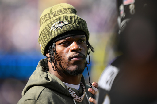 Baltimore Ravens quarterback Lamar Jackson (8) stands on the sideline during the first half an NFL football game against the Chicago Bears, Sunday, Oct. 26, 2025, in Baltimore. (AP Photo/Nick Wass) Baltimore Ravens quarterback Lamar Jackson (8) stands on the sideline during the first half an NFL football game against the Chicago Bears, Sunday, Oct. 26, 2025, in Baltimore. (AP Photo/Nick Wass)