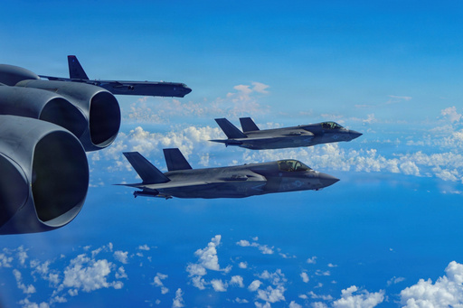 In this image provided by the U.S. Air Force, a Air Force B-52H Stratofortress bomber flies with Marine Corps F-35B Lightning II aircraft in the U.S. Southern Command area of responsibility, Oct. 15, 2025. (U.S. Air Force via AP) In this image provided by the U.S. Air Force, a Air Force B-52H Stratofortress bomber flies with Marine Corps F-35B Lightning II aircraft in the U.S. Southern Command area of responsibility, Oct. 15, 2025. (U.S. Air Force via AP)