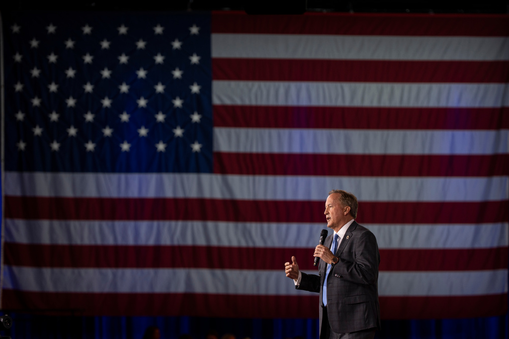 Texas Attorney General Ken Paxton speaks at the Ronald Reagan dinner during the Conservative Political Action Conference (CPAC) in Dallas, Friday, March 27, 2026. (AP Photo/Gabriela Passos)