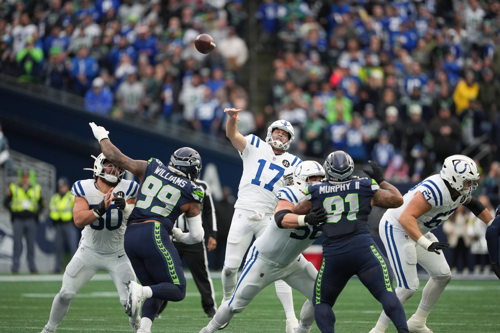 Indianapolis Colts quarterback Philip Rivers (17) throws during the second half of an NFL football game against the Seattle Seahawks, Sunday, Dec. 14, 2025, in Seattle. (AP Photo/Lindsey Wasson)