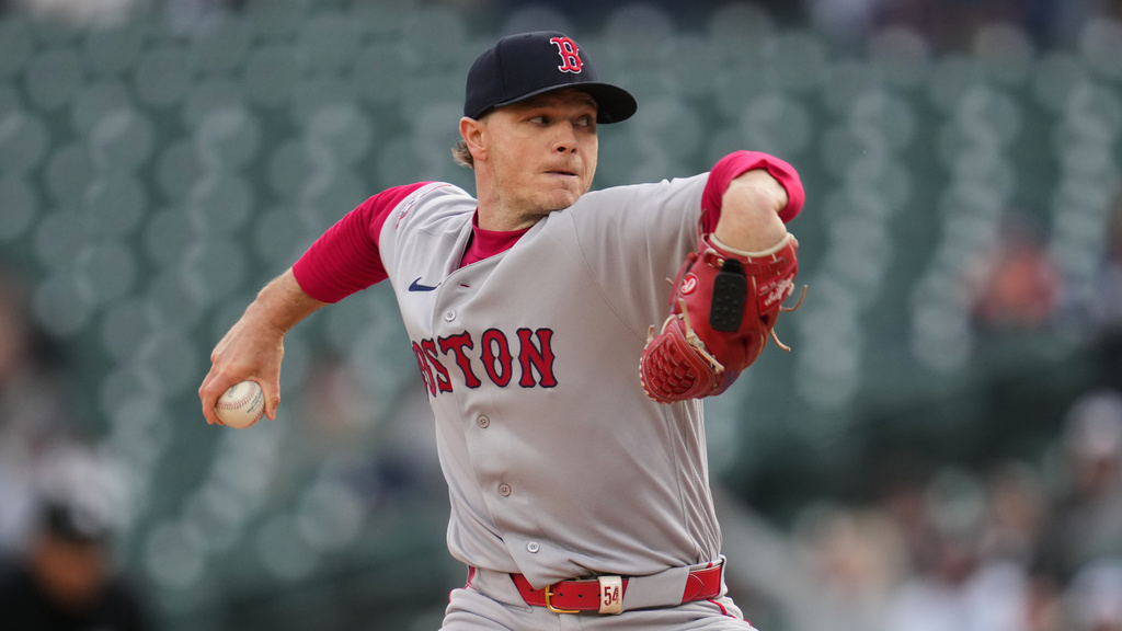 Boston Red Sox pitcher Sonny Gray throws against the Detroit Tigers during the first inning of a baseball game Wednesday, May 6, 2026, in Detroit. (AP Photo/Paul Sancya)