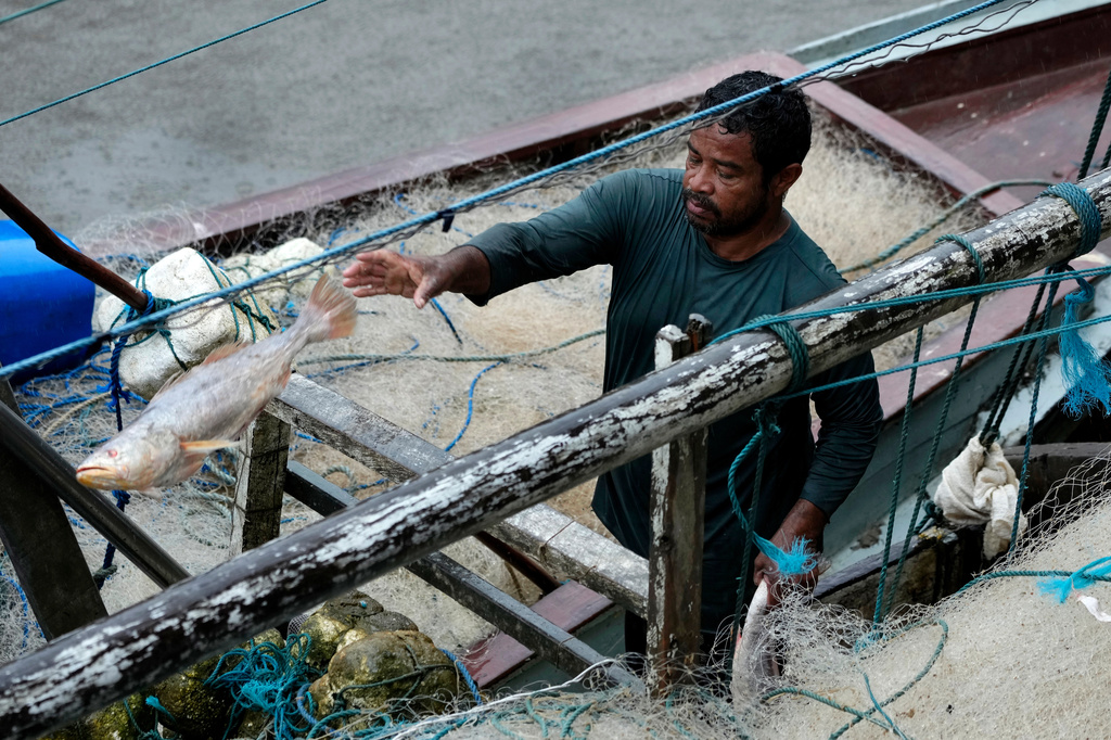 A fisher works on his boat unloading a catch at the fish trading port on the banks of the Oiapoque River in the city of Oiapoque, Amapa state, Brazil, Tuesday, March 10, 2026. (AP Photo/Eraldo Peres)