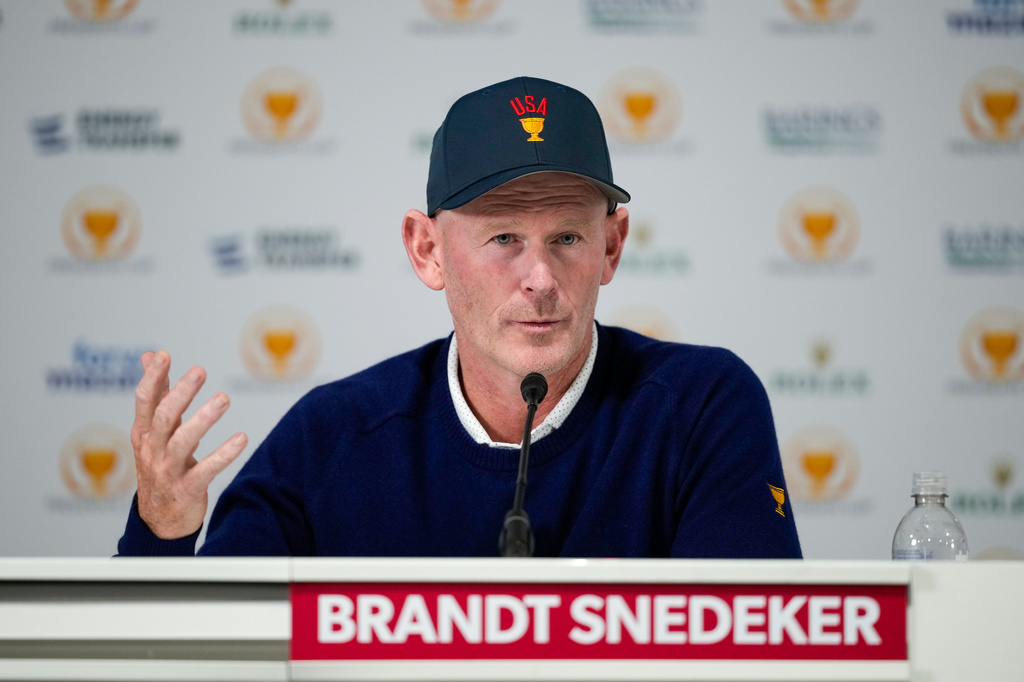 USA team Captain Brandt Snedeker speaks during the four-ball match Captain's Pairings event prior to the start of the Presidents Cup golf tournament against the International team at Medinah Country Club, Wednesday, Sept. 23, 2026, in Medinah, Ill. (AP Photo/Matt Slocum)