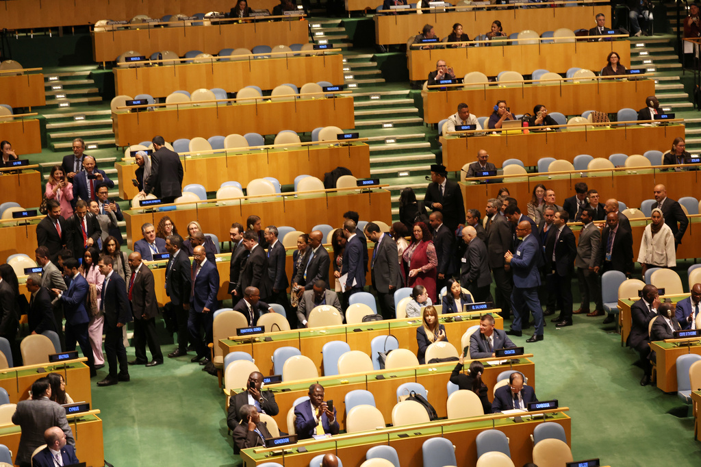 People walk out as Israeli Prime Minister Benjamin Netanyahu begins to speak during the 81st session of the United Nations General Assembly at United Nations headquarters, Thursday, Sept. 24, 2026. (AP Photo/Heather Khalifa)