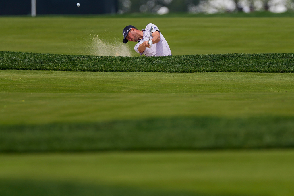 Justin Thomas hits from the third fairway during a PGA Championship golf tournament practice round at Aronimink Golf Club, Wednesday, May 13, 2026, in Newtown Square, PA. (AP Photo/Matt Slocum)