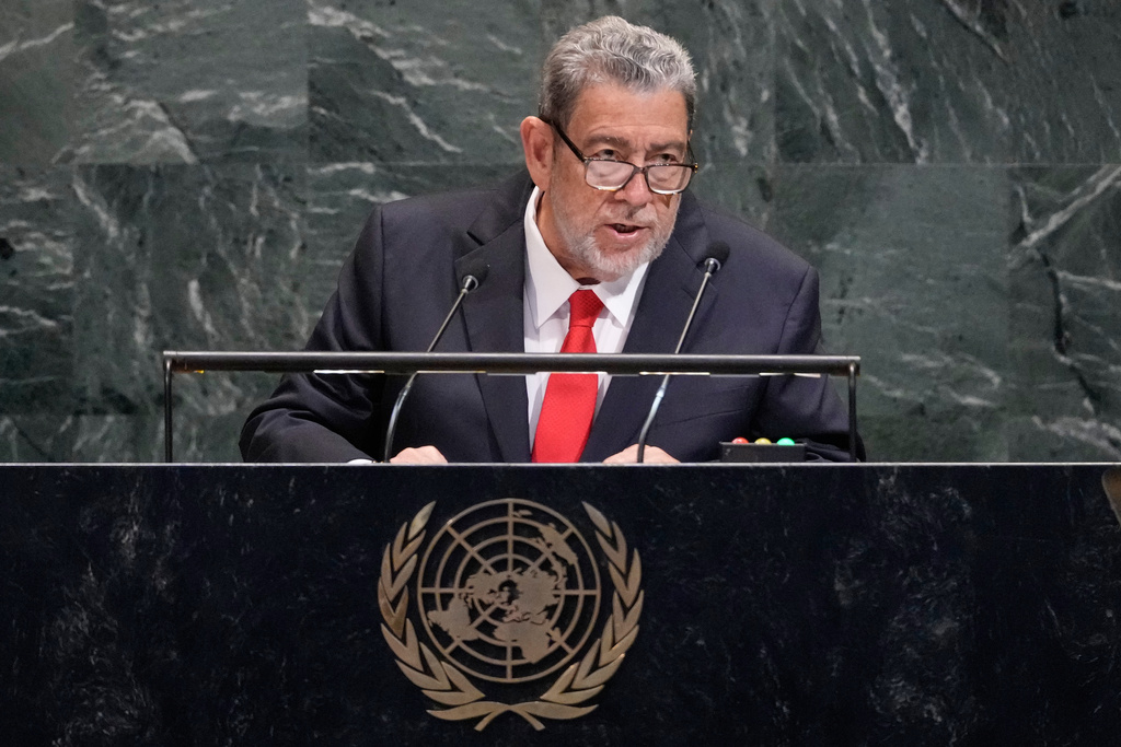 Saint Vincent and the Grenadines Prime Minister Ralph Gonsalves addresses the 80th session of the United Nations General Assembly, Friday, Sept. 26, 2025. (AP Photo/Richard Drew)