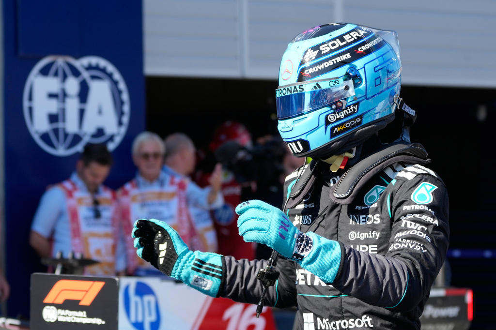 Mercedes driver George Russell of Britain reacts at the end of the qualifying session ahead of the Austrian F1 Grand Prix, in Spielberg, Austria, Saturday, June 27, 2026. (AP Photo/Darko Bandic)