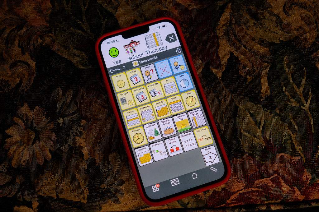 The application that Whitman Althaus, 12, who has autism and a neurological disorder called apraxia, uses to communicate is seen on a phone Wednesday, July 1, 2026, in Luckey, Ohio. (AP Photo/Nic Antaya)