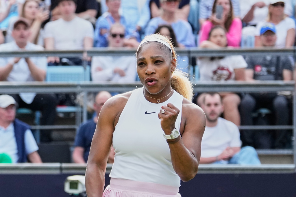 Serena Williams of the U.S. reacts as she and Czech Republic's Karolina Muchova play during their round of 16 doubles match against New Zealand's Erin Routliffe and Mexico's Giuliana Olmo during the WTA 500 Berlin Open tennis tournament at Steffi Graf Stadium, in Berlin, Germany, Tuesday, June 16, 2026. (AP Photo/Ebrahim Noroozi)