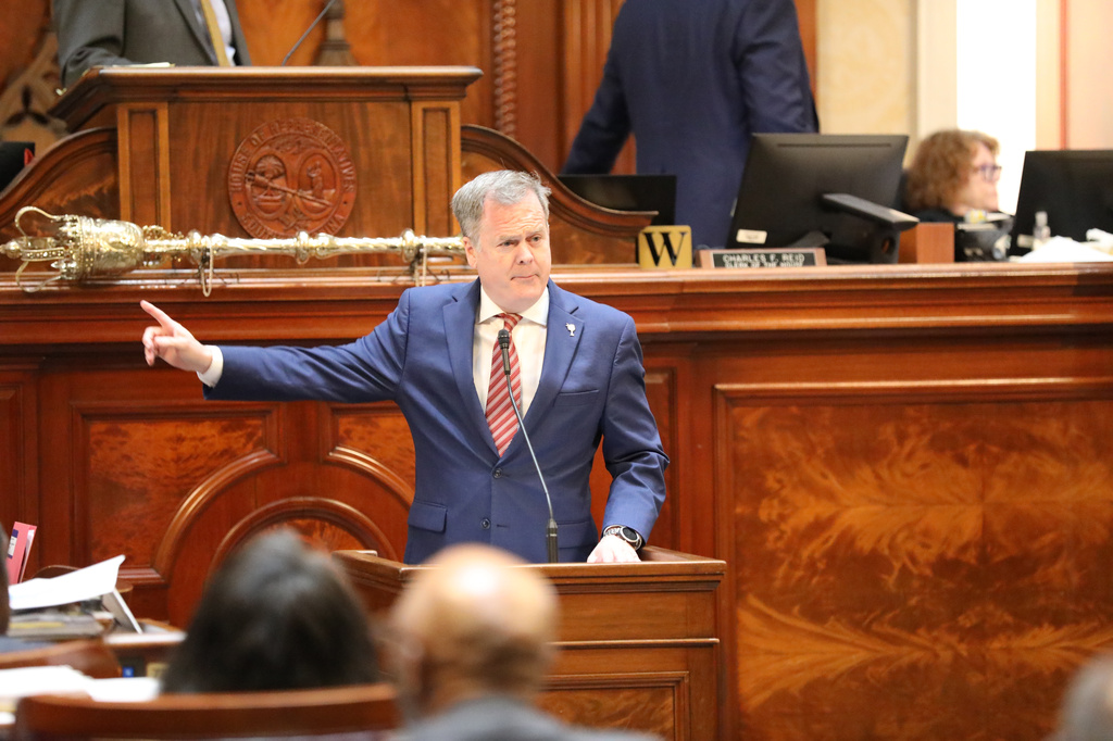 Republican South Carolina Rep. Nathan Ballentine presents his version of a map for new congressional districts during the House session on redistricting, Monday, May 18, 2026, in Columbia, S.C. (AP Photo/Jeffrey Collins)