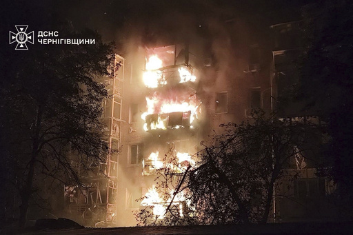 In this photo provided by the Ukrainian Emergency Services on Thursday, Oct. 16, 2025, a residential building is seen on fire after a Russian strike in Nizhyn, Chernihiv region, Ukraine. (Ukrainian Emergency Service via AP) In this photo provided by the Ukrainian Emergency Services on Thursday, Oct. 16, 2025, a residential building is seen on fire after a Russian strike in Nizhyn, Chernihiv region, Ukraine. (Ukrainian Emergency Service via AP)