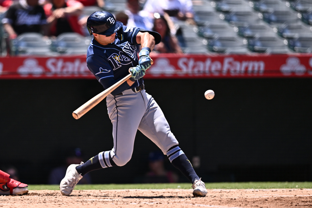 Tampa Bay Rays' Ben Williamson hits a home run during the fourth inning of a baseball game against the Los Angeles Angels, Sunday, June 14, 2026, in Anaheim, Calif. (AP Photo/William Liang)