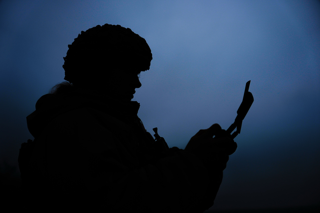 A Ukrainian drone operator from the Kraken 1654 unit, callsign Imla, flies a Vampire drone during a demonstration for The Associated Press, Wednesday, Nov. 5, 2025, in Kharkiv Oblast, Ukraine. (AP Photo/Julia Demaree Nikhinson)