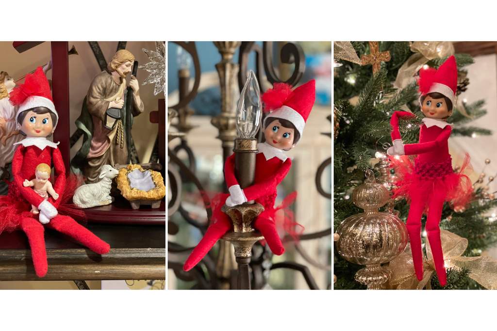 This combination of photos shows an Elf on the Shelf doll in various locations at the home of Antonia Katsanos in Totowa, N.J. in December 2020-2021. (Antonia Katsanos via AP)