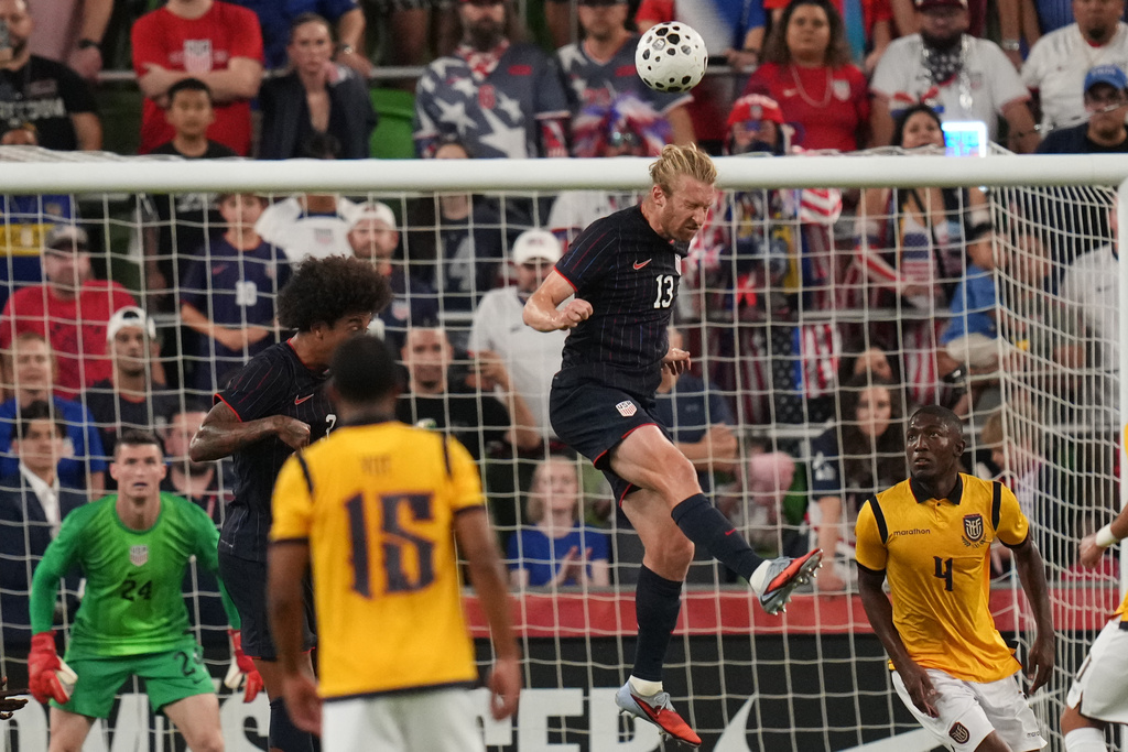 United States defender Tim Ream (13) blocks a shot on goal during the first half of an international friendly soccer match against Ecuador in Austin, Texas, Friday, Oct. 10, 2025. (AP Photo/Eric Gay)
