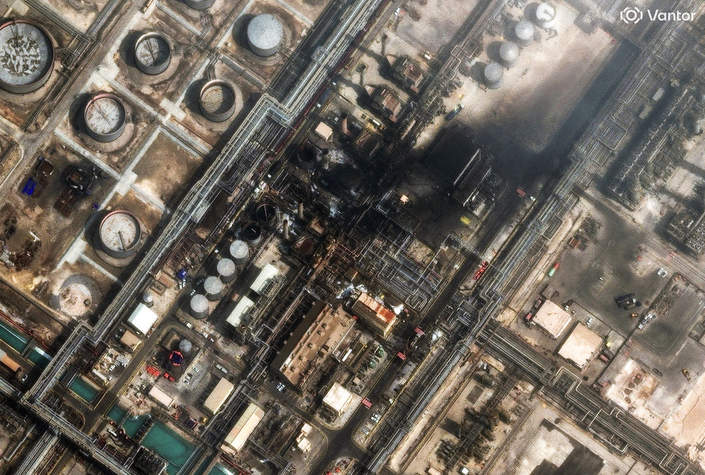 This satellite image provided by Vantor shows damage after a drone attack at Ras Tanura oil refinery, in Saudi Arabia, Monday, March 2, 2026. (Satellite image ©2026 Vantor via AP)