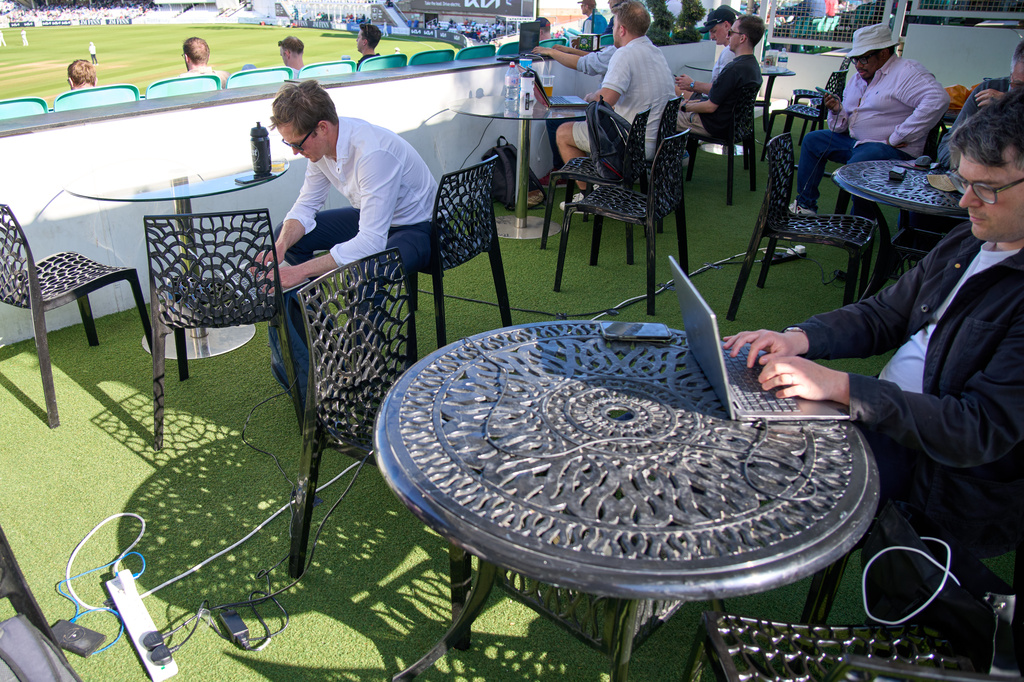 Extension cables for power are laid out for people working during a Surrey against Sussex County Championship cricket match at the Kia Oval in London, Friday, May 1, 2026. (AP Photo/Tony Hicks)