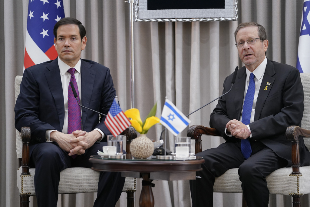 U.S. Secretary of State Marco Rubio and Israeli President Isaac Herzog meet at the Beit Hanassi presidential residence, during Rubio's visit, in Jerusalem, Monday, Sept. 15, 2025. (Nathan Howard/Pool Photo via AP)