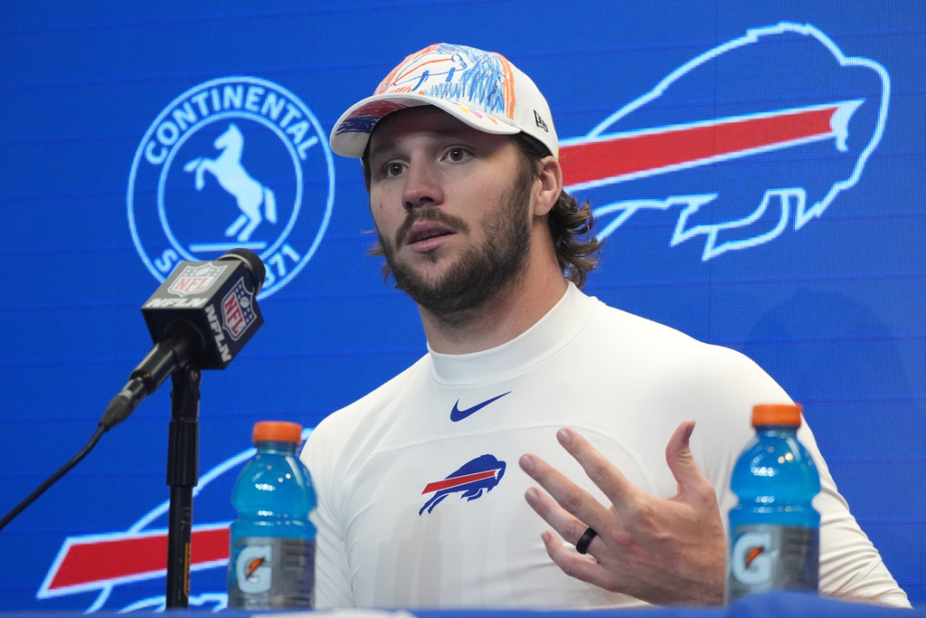 Buffalo Bills quarterback Josh Allen speaks during a news conference after an NFL football game against the Cincinnati Bengals, Sunday, Dec. 7, 2025, in Orchard Park, N.Y. (AP Photo/Gene J. Puskar)
