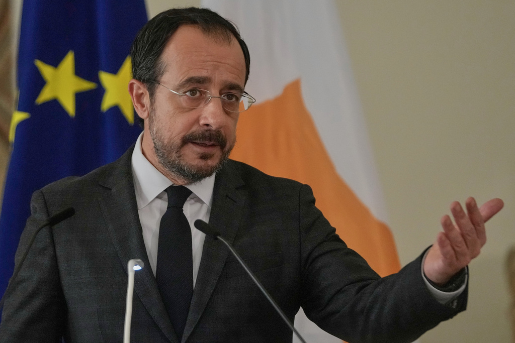 Cyprus President Nikos Chistodoulides, speaks during a joint press conference with his Lebanese counterpart Joseph Aoun, at the presidential palace in Baabda east of Beirut, Lebanon, Wednesday, Nov. 26, 2025. (AP Photo/Hussein Malla)